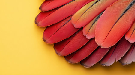 This image showcases a collection of vibrant red feathers set against a bright yellow background. The stunning contrast highlights the intricate patterns and soft textures of the feathers, making it perfect for various creative projects, such as designs or nature-themed articles.の素材