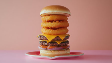 An enticing gourmet burger showcasing multiple layers of beef patties, melted cheese, and crispy onion rings against a soft pink background.の素材