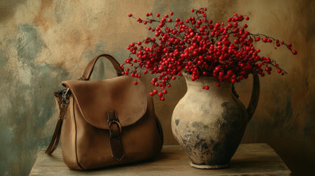 A warm and inviting still life featuring a brown leather bag alongside a rustic vase filled with vibrant red berries, set on a wooden table.の素材