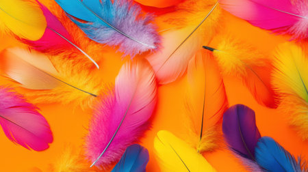 A stunning array of colorful feathers scattered across a bright orange background, perfect for creative projects and artistic designs. The vibrant hues add a playful touch.の素材