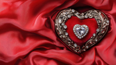 This stunning heart-shaped box features an intricate design with sparkling gems and a plush red velvet interior, set against a soft satin backdrop.の素材