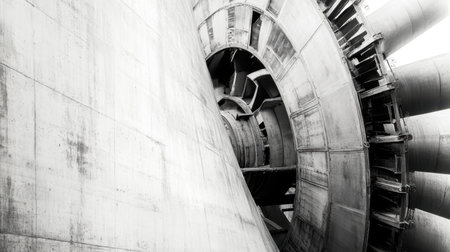 This black and white photograph captures an abstract view of an industrial structure emphasizing the circular elements and textured surfaces, showcasing modern engineering.の素材
