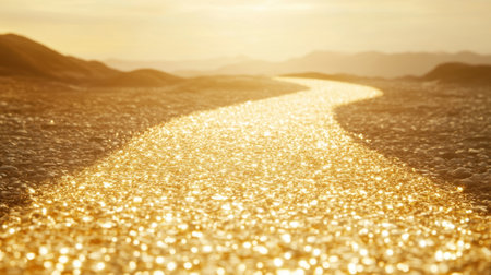 Captivating golden pathway glimmers under a warm sunset, weaving through serene landscape, offering a tranquil and inviting atmosphere for exploration.の素材