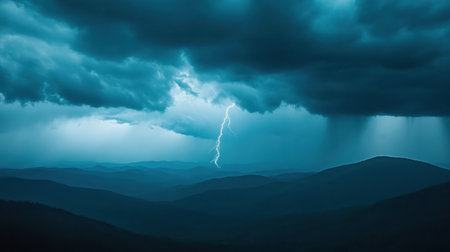 A breathtaking view of lightning striking over a mountain landscape, surrounded by dark clouds and an atmospheric sky. The scene conveys a powerful sense of natureの素材
