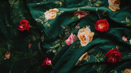 This image showcases an elegant floral fabric featuring vibrant roses on a rich green background. Perfect for textile design, fashion, or home decor.の素材