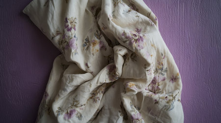 A gentle and delicate floral fabric draped elegantly over a textured lavender wall, creating a serene atmosphere perfect for home decor or textile projects.の素材