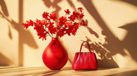 A striking still life scene featuring a vibrant red vase filled with blooming flowers, complemented by a stylish handbag against a soft yellow background, creating a warm and elegant atmosphere.の素材