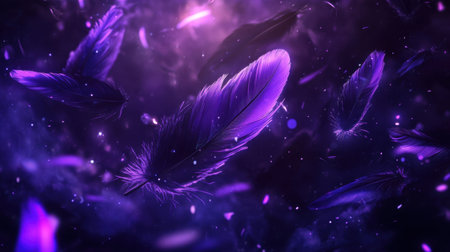 A stunning collection of purple feathers gracefully floating in a mystical space, enhanced with sparkling elements and soft lighting, creating an enchanting atmosphere.の素材