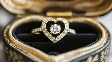 This beautiful heart-shaped engagement ring, adorned with sparkling diamonds, rests elegantly in a luxurious black and gold jewelry box, perfect for proposals.の素材