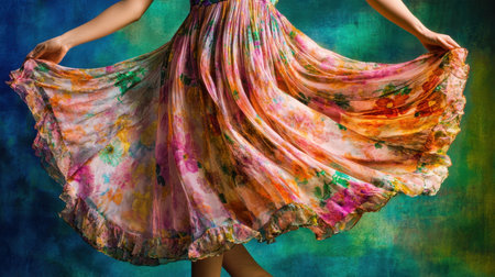A vibrant floral dress swirls gracefully, capturing movement against a striking abstract background. This fashion photograph radiates elegance and beauty.の素材