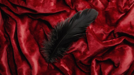 A stunning black feather positioned elegantly on rich crimson red velvet fabric, showcasing exquisite texture and vibrant color, ideal for artistic presentations.の素材