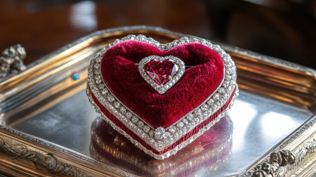 This stunning heart-shaped jewelry box features luxurious red velvet and is adorned with sparkling diamonds and a striking pink gemstone, perfect for special moments.の素材