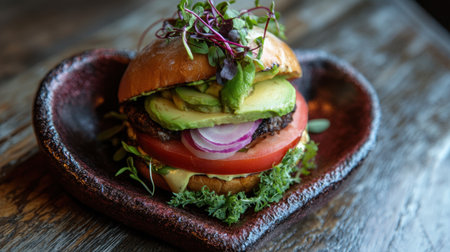 A delicious gourmet burger featuring fresh vegetables and creamy avocado, presented on a unique heart-shaped plate, perfectly captures the essence of comfort food.の素材