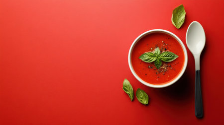 A vibrant and appetizing bowl of fresh tomato soup garnished with basil leaves, set against a striking red background, perfect for culinary presentations.の素材