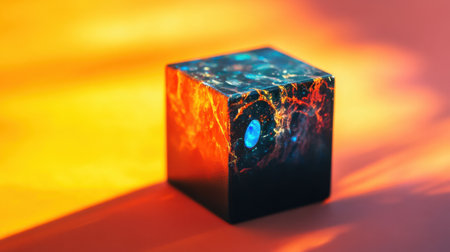 This striking abstract cube features an interplay of vibrant colors and cosmic patterns, beautifully illuminated against a warm backdrop, perfect for modern art themes.の素材