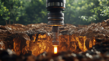 A high-tech drilling machine is depicted extracting resources from the earth, featuring an orange glow that highlights its industrial purpose in a lush forest setting.の素材