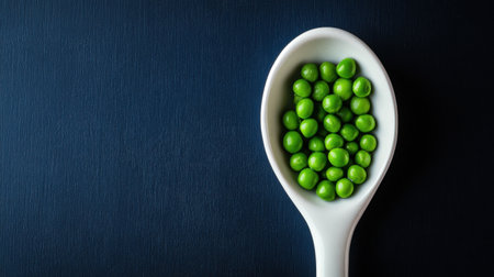 A close-up image showcasing fresh green peas placed in a white spoon against a dark blue background, perfect for culinary themes and food photography.の素材