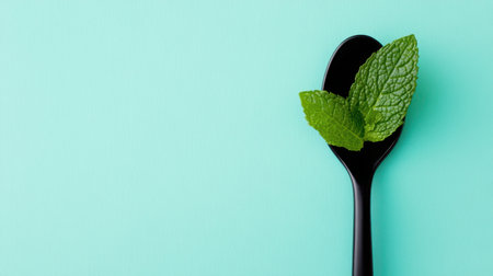 This captivating image features fresh mint leaves elegantly placed on a sleek black spoon, set against a striking turquoise background, perfect for culinary creativity.の素材