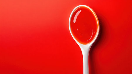 A close-up of a white spoon filled with glossy red sauce, set against a striking red backdrop, highlighting its vibrant color and appealing texture.の素材