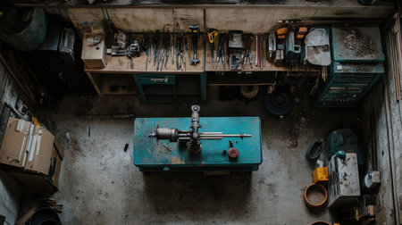 This image captures an organized workshop from an overhead perspective, showcasing various tools and equipment on a spacious workbench, perfect for enthusiasts.の素材