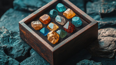 A stunning collection of colorful gemstones nestled in a wooden box, set against a backdrop of dark rocks, showcasing their natural beauty and sparkle.の素材