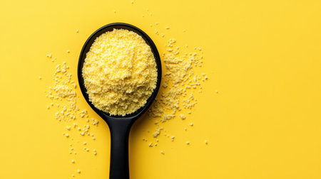 A vibrant yellow background showcases a black spoon filled with granulated cornmeal, perfect for culinary projects and recipes focused on vibrant ingredients.の素材