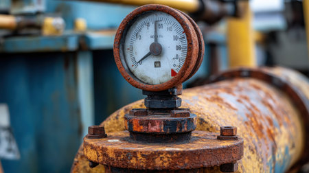 A close-up view of a rusty pressure gauge mounted on an industrial pipe, highlighting the effects of time and use on machinery in a factory environment.の素材
