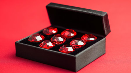 This image showcases a stunning arrangement of red gems nestled in a stylish black jewelry box. The vibrant red background enhances the luxurious appeal and visual impact, making it suitable for presentations related to fashion, jewelry design, or gift ideas.の素材