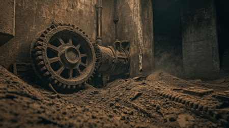 Captivating view of abandoned industrial machinery covered in dust and dirt, showcasing the remnants of a once-bustling factory environment, evoking nostalgia.の素材