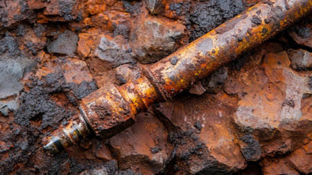A close-up view of a rusty metal pipe resting on a textured rock surface. The striking orange and brown colors highlight natural decay and industrial beauty.の素材