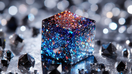 This vibrant glitter cube features stunning blue and orange tones, surrounded by shimmering particles and a beautiful bokeh background. Perfect for artistic projects.の素材