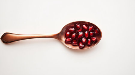 A beautiful copper spoon filled with vibrant pomegranate seeds sits on a smooth white background, showcasing a blend of elegance and healthy culinary inspiration.の素材