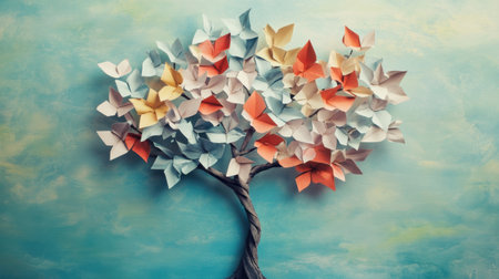 This stunning artwork features a tree made of colorful origami leaves, set against a soft, textured background. It symbolizes creativity and nature.の素材