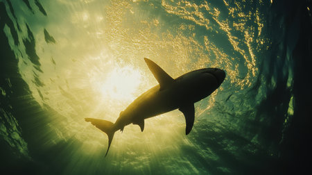 An inspiring image depicting a shark gliding gracefully beneath the oceanの素材