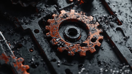 A close-up view of an industrial gear resting on a metal surface, accented by oil and shavings. The intricate details of machinery showcase the artistry of mechanical engineering.の素材