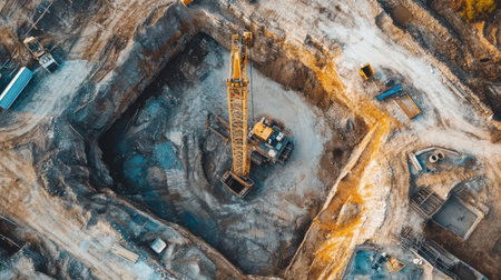 This aerial photograph showcases a construction site with heavy machinery actively engaged in excavation work, highlighting the industrial landscape.の素材
