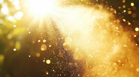 This stunning image captures the enchanting moment of sunlight filtering through trees, creating a magical atmosphere filled with golden dust particles.の素材