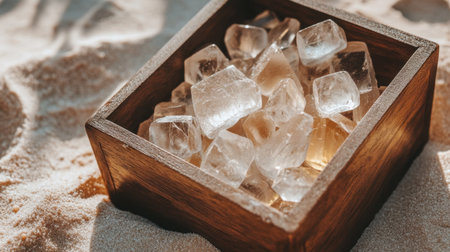 A beautiful arrangement of clear ice cubes in a rustic wooden bowl is placed on sandy beach. Soft sunlight gently highlights the refreshing scene, perfect for summer enjoyment.の素材