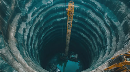 Captivating aerial view of a deep mining shaft surrounded by layers of earth, highlighting a crane and machinery at work in the excavation process.の素材