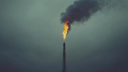 An industrial flare burns gas at an oil drilling site under a dark, moody sky. The image captures the complexity of energy extraction and its environmental implications.の素材