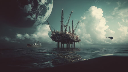 An otherworldly scene featuring a futuristic oil rig rising majestically from the ocean, with a distant planet looming above and dynamic clouds surrounding it.の素材