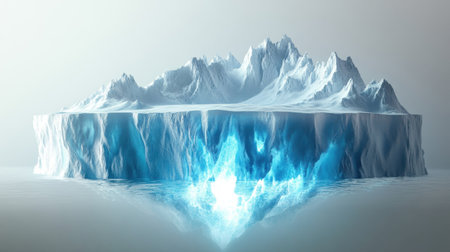 This captivating image showcases a majestic iceberg floating in calm waters, featuring stunning mountain peaks and a serene atmosphere. The crystal clear ice reflects beautiful shades of blue, creating a tranquil and isolated natural scene perfect for showcasing the beauty of our planet's landscapes.の素材