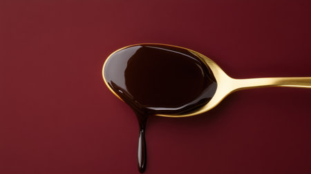 A luxurious gold spoon cradles a droplet of dark liquid, set against a rich red backdrop. This image showcases elegance and richness, perfect for gourmet culinary themes.の素材