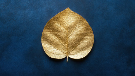 A stunning golden leaf rests on a deep blue background, creating a captivating and modern aesthetic. Ideal for use in decor and design projects.の素材