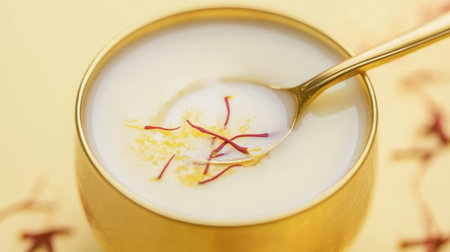 A luxurious bowl of saffron-infused dessert, garnished with golden strands, captures the essence of gourmet cuisine on a vibrant yellow background.の素材