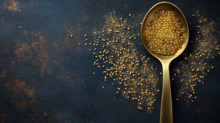 A stunning golden spoon elegantly holds gourmet pearls and mustard seeds, resting on a dark rustic surface, perfect for culinary creations.の素材