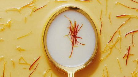 This stunning image features smooth creamy pudding garnished with delicate saffron threads in a golden spoon, set against a vibrant yellow background.の素材