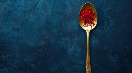 A stunning close-up of a golden spoon filled with vibrant saffron threads, set against a rich dark blue background, perfect for culinary inspiration.の素材