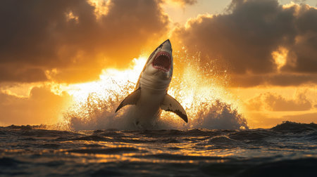 A stunning image captures a shark breaching the ocean surface during a vibrant sunset, showcasing powerful waves and a dramatic sky filled with clouds.の素材