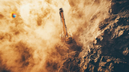 A powerful excavator works diligently in a dusty mining site at dawn, highlighting heavy machinery in action against a rugged landscape.の素材